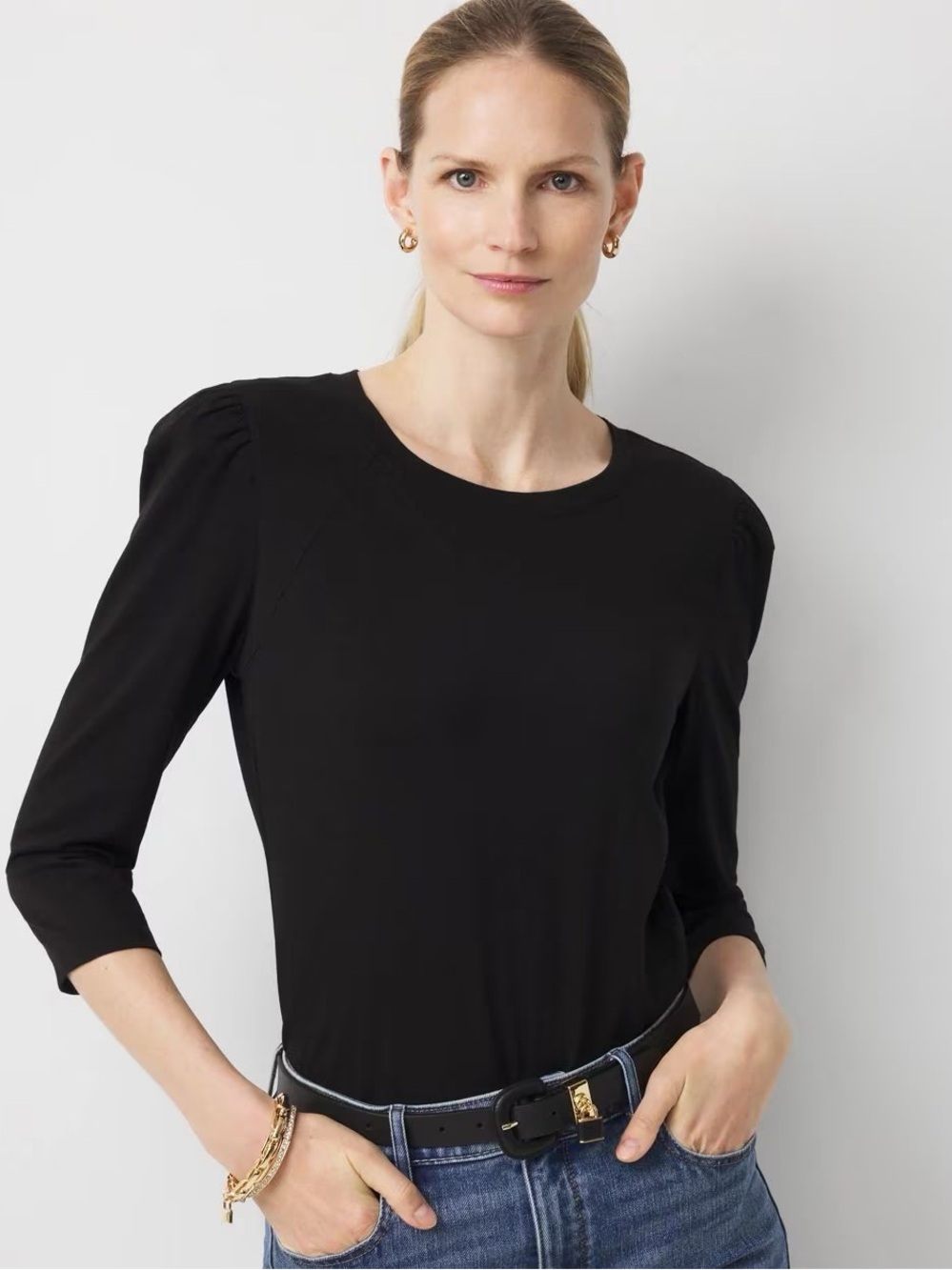 White House Black Market Black Puff-Sleeve Crewneck Top